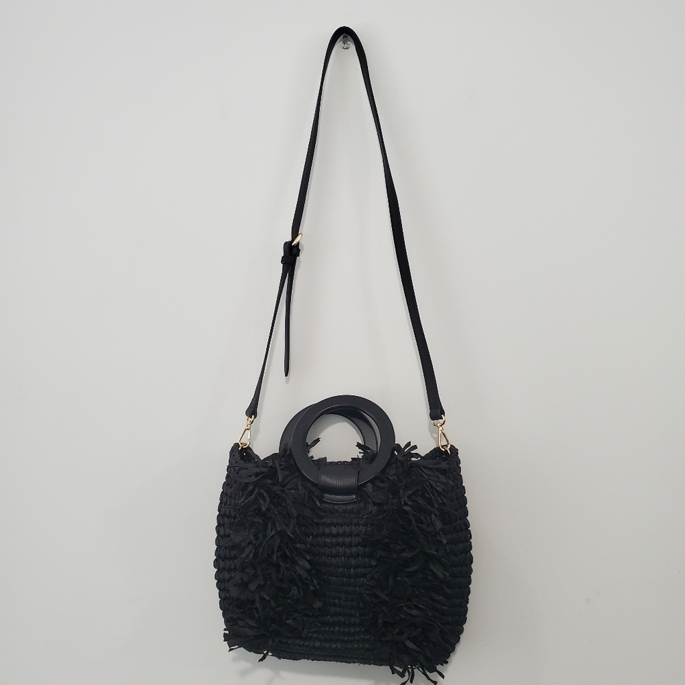Chicos Like New Elegant Black Woven Straw Crossbody Handbag Purse